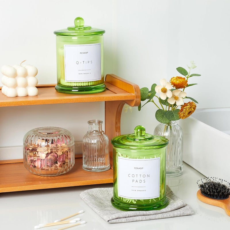 Ronasip Qtip Holder & Cotton Pad Dispenser, Bathroom Organizer and Storage Canisters, 16oz Glass Apothecary Jars for Kitchen, Restroom - Home Decor Accessories, Room Decor Aesthetic (2 Pack, Green) - Image 2